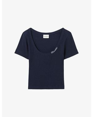 Claudie Pierlot Brand-Embroidered Ribbed Cotton-Jersey T-Shirt - Blue