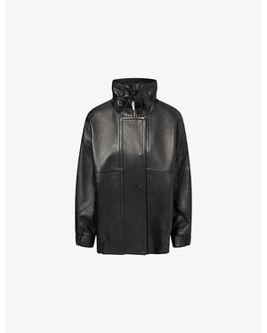 Theory Funnel-Neck Collared Leather Bomber Jacket - Black