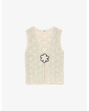 Sandro Flower-Embroidered V-Neck Sleeveless Crochet Cardigan - White