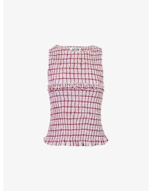 Amy Lynn Mona Windowpane-Check Smocked Cotton Top - Pink