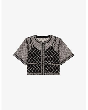 Maje Embellished Round-Neck Short-Sleeve Tulle Top - Black