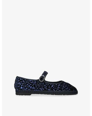 Flabelus Seraphina Glitter Velvet Mary-Jane Flats - Blue