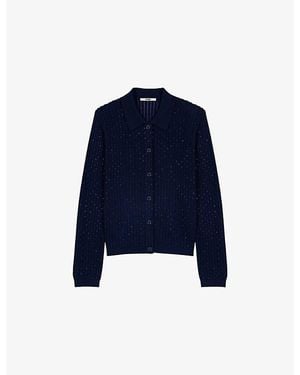 Maje Rhinestone-Embellished Knitted Wool-Blend Cardigan - Blue