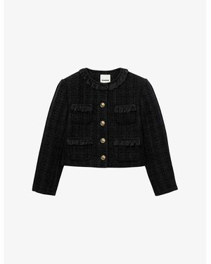 Sandro Ruffled-Trim Button-Down Tweed Jacket - Black