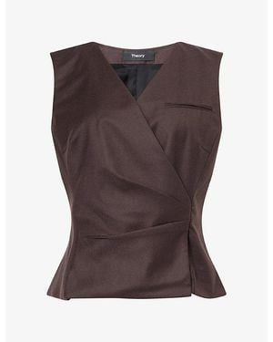 Theory Tailored Wrap Pleat Wool Vest - Brown