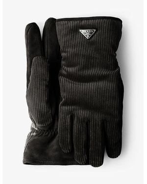 Prada Logo-Patch Corduroy Gloves - Black