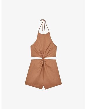 Reiss Bay Halter-Neck Cut-Out Linen Playsuit - Brown
