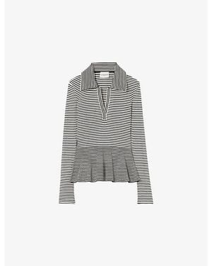 Claudie Pierlot Striped Ribbed Knitted Polo Top - Grey