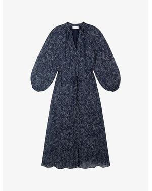The White Company Flower Outline And Small Polka-Dot Printed Woven Midi Dress - Blue