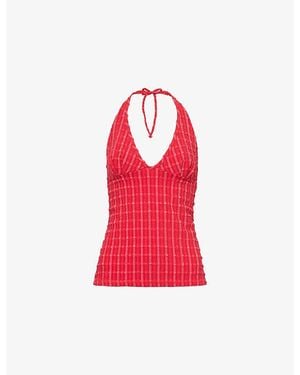 Peachy Den Cindy Halter-Neck Stretch-Woven Top - Red