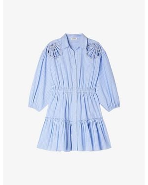 Sandro Striped Rhinestone-Embellished Cotton Mini Dress - Blue