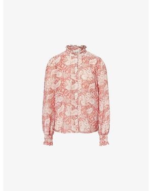 ME+EM Ruffle-Collar Botanical-Print Cotton And Silk-Blend Shirt - Pink