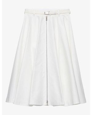 Prada Belted Zip-Front Cotton-Twill Midi Skirt - White