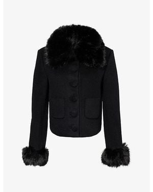 Self-Portrait Faux-Fur Trim Short Wool Jacket - Black