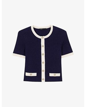 Maje Short-Sleeved Contrast-Trim Knitted Cardigan - Blue
