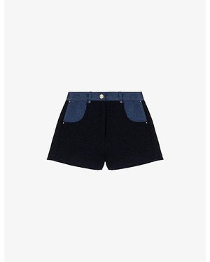 Maje Mid-Rise Denim-Trim Tweed Shorts - Blue