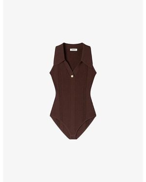 Sandro Ribbed Polo-Collar Knitted Bodysuit - Brown