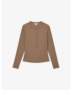 Reiss Rina Half-Button Stretch-Cotton Top - Brown