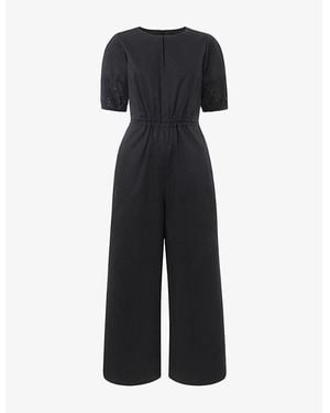 Whistles Broderie-Trim Square-Neck Cotton-Poplin Jumpsuit - Black