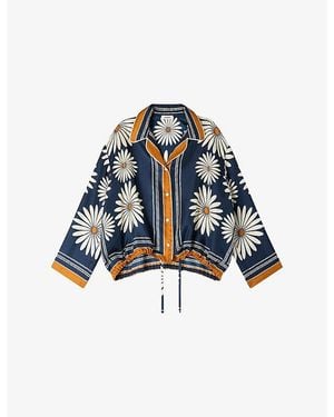 Sandro Floral-Print Tie-Hem Silk Shirt - Blue