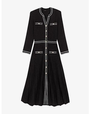 Maje Pleated V-Neck Stretch-Knit Midi Dress - Black