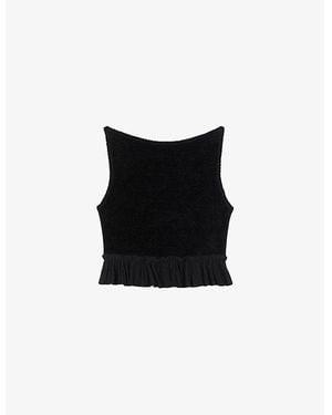 Sandro Ruffled Sleeveless Stretch-Knit Crop Top - Black