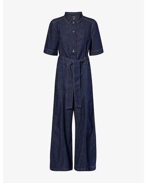 ME+EM Wide-Leg Relaxed Belted Cotton Jumpsuit - Blue