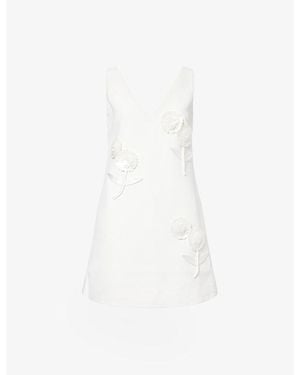 Self-Portrait Floral-Embellished V-Neck Crepe Mini Dress - White
