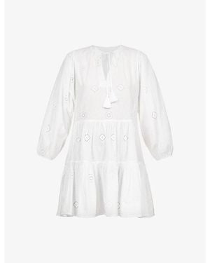 Seafolly Embroidered Puff-Sleeves Cotton Mini Dress - White