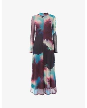 Whistles Oil Paint-Print Slim-Fit Stretch-Mesh Midi Dress - Blue