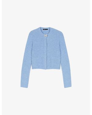 Maje Bow-Embellished Ribbed Knitted Cardigan - Blue