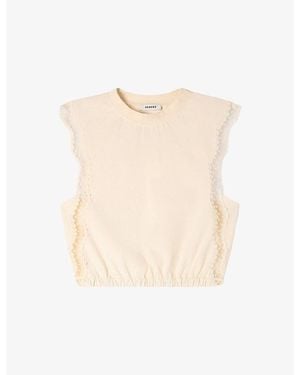 Sandro Cropped Lace-Embroidered Cotton T-Shirt - Natural