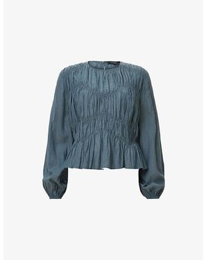 AllSaints Melani Round-Neck Gathered-Bodice Cotton-Blend Top - Blue