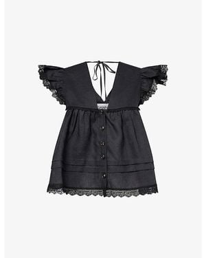 Ganni Angel Short-Sleeve Linen Top - Blue