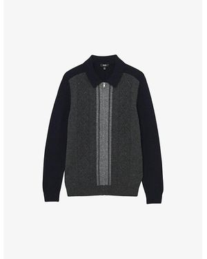 Reiss Tennant Colour-Block Zip-Through Wool Cardigan - Blue