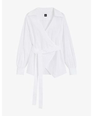 BOSS Wrap-Front Regular-Fit Cotton-Poplin Blouse - White