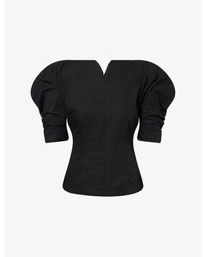 D'Estree Janet Puff-Sleeve Cotton Top - Black