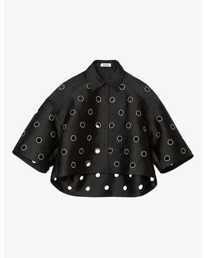 Sandro Rhinestone-Embellished Cut-Out Cropped Woven Shirt - Black