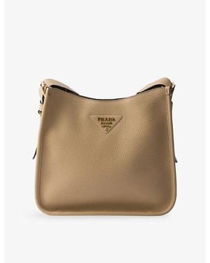 Prada Logo-Plaque Medium Leather Shoulder Bag - Natural