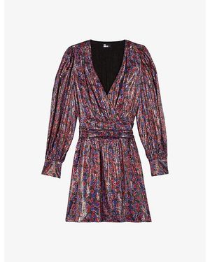 The Kooples Floral-Print V-Neck Metallic Silk-Blend Mini Dress - Purple
