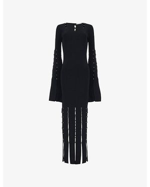 eem Metal-Embellished Fringed Ribbed-Knit Midi Dress - Black