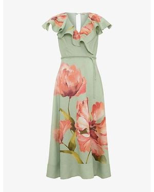 Phase Eight Matilda Floral-Print Linen-Blend Midi Dress - Green