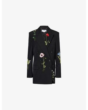 Stella McCartney Floral-Embroidery Double-Breasted Boyfriend Wool Blazer - Black