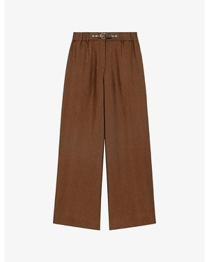 Maje Wide-Leg Belted Linen Pants - Brown