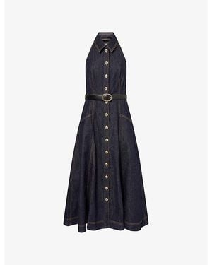 Self-Portrait Halter-Neck Belted Denim Midi Dress - Blue