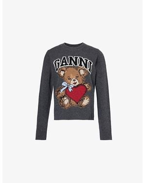 Ganni Bear-Graphic Round-Neck Recycled Wool-Blend Jumper - Multicolour