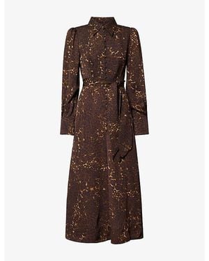 ME+EM Leopard Long-Sleeve Woven Midi Dress - Brown