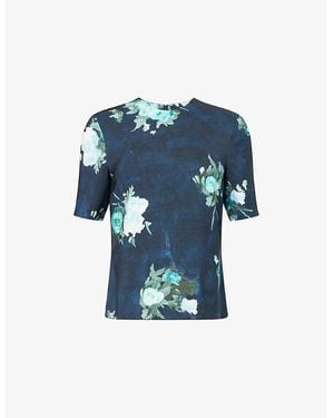 Erdem Floral-Print Short-Sleeve Woven Top - Blue
