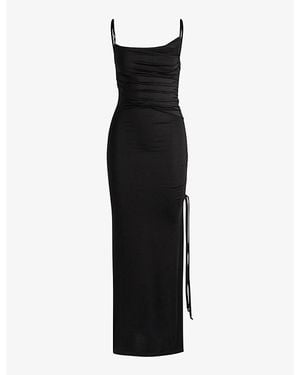 HUGO Asymmetric-Neckline Ruching Stretch-Woven Maxi Dress - Black