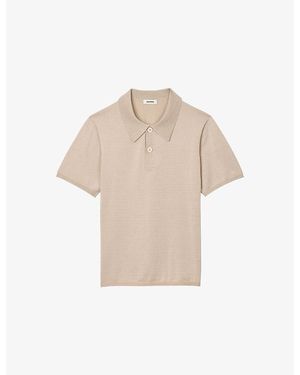 Sandro Slightly-Shiny Stretch-Woven Polo-Shirt - Natural